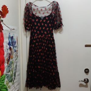 Hot Topic Black Dress with Sparkling Strawberries And Sheer Puff Sleeves